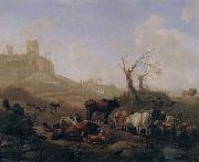 Cattle and sheep by a stream in a pasture,a town beyond William Romeyn
